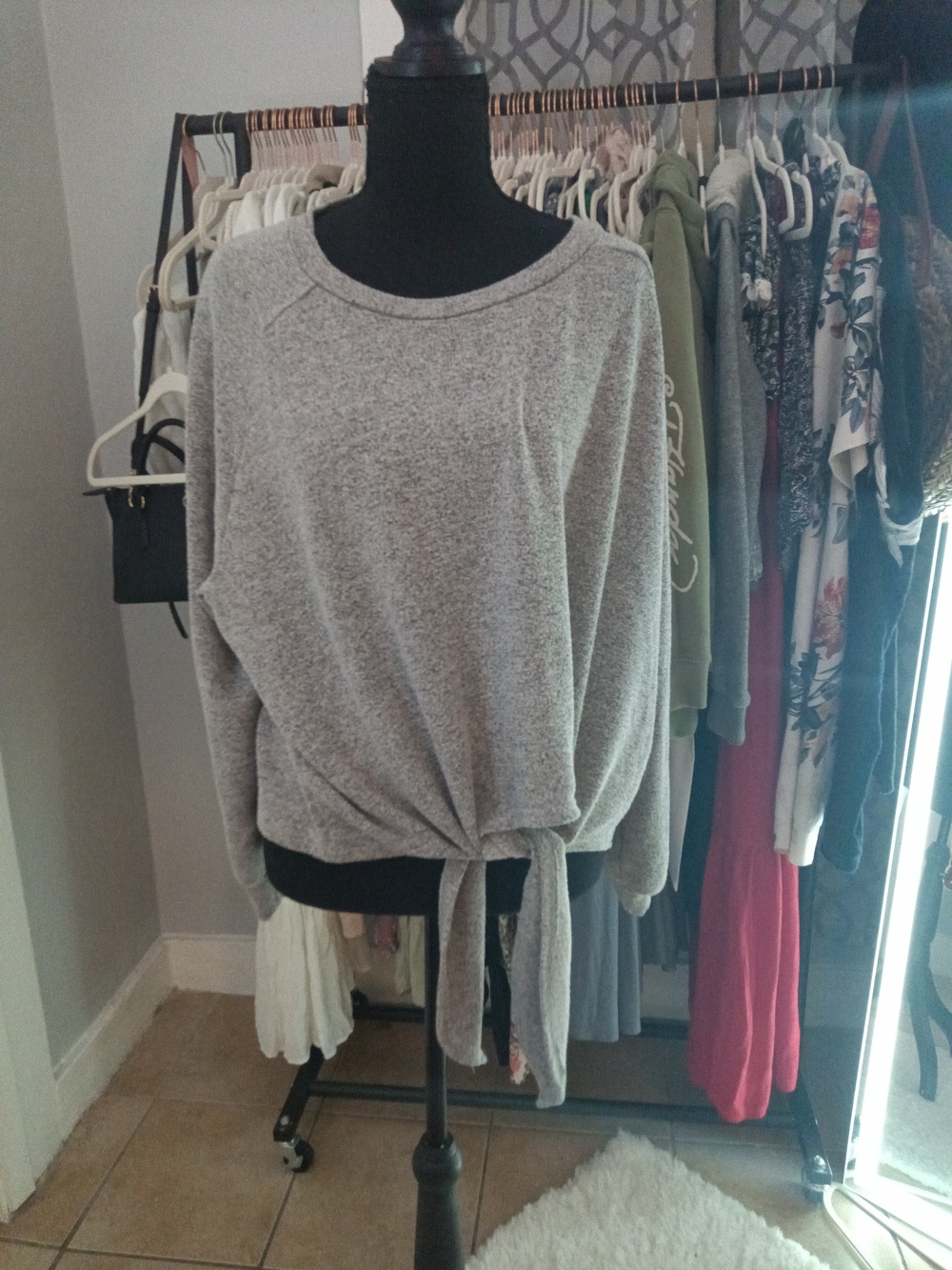 Billabong Light Gray Tie-Front Crewneck Sweater